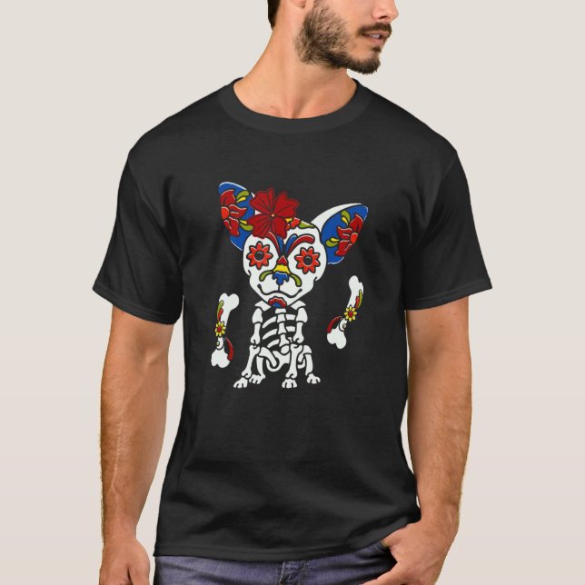 Camiseta Dia da Morte do Crânio Açúcar Mexicano Chihuahua F (Frente)