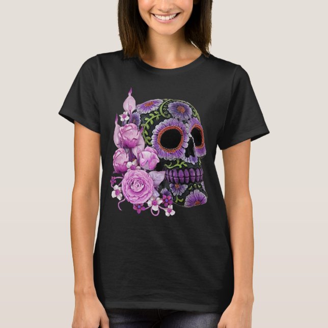 Camiseta Dia da Morte - Pano De Açúcar Preto, Floral, Rosa (Frente)