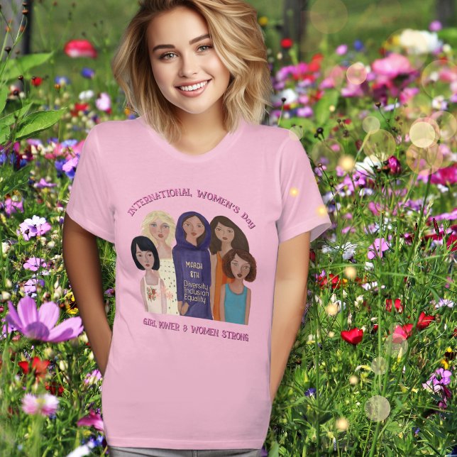 Camiseta Dia da Mulher | Rosa de potência feminino (Women's Day _ Girl power pink T-Shirt -Meadow)