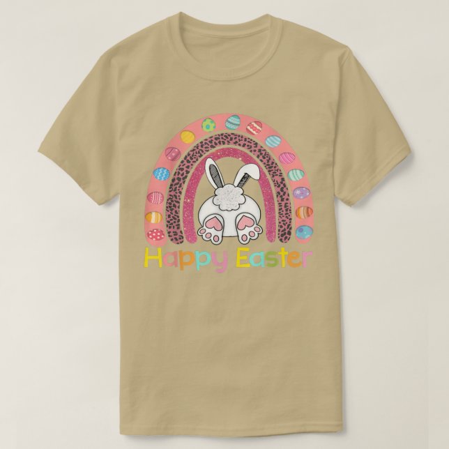 Camiseta Dia da páscoa Arco-íris com ovos e coelho da Pásco (Frente do Design)