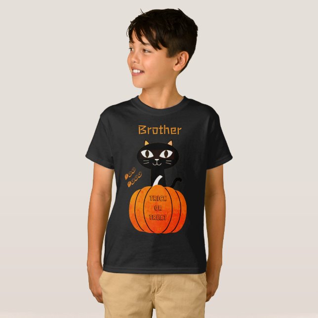 Camiseta Dia das Bruxas da Família de Garotos Gatos Laranja (Frente Completa)