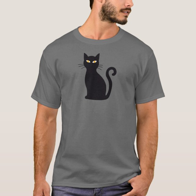 Camiseta Dia das Bruxas de Gato Preto de Olhos Laranja Eleg (Frente)