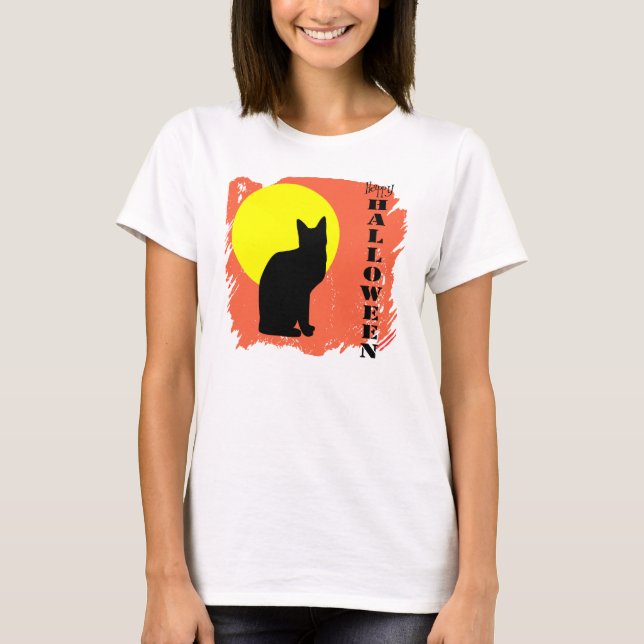 Camiseta Dia das Bruxas de Lua Amarela de Gato Negro (Frente)