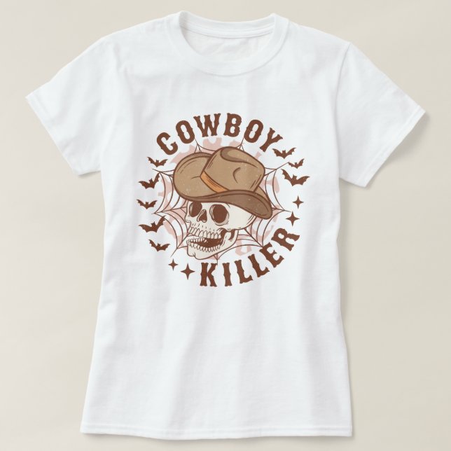 Camiseta Dia das Bruxas do Assassino de Cowboy do Esqueleto (Frente do Design)