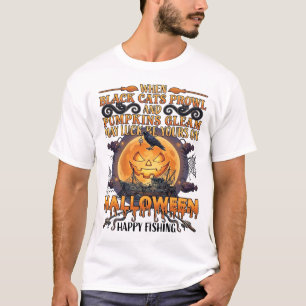 Camiseta Dia das Bruxas Feliz Pesca Gatos Pretos Abóboras C