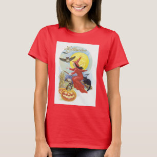 Camiseta Dia das Bruxas Vintage, Bruxa Voadora com um Gato 