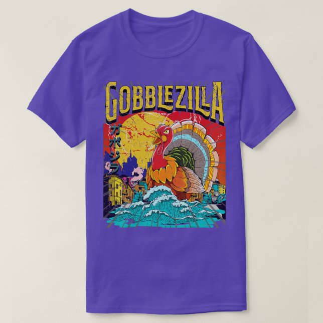 Camiseta Dia de Ação de Graças da Turquia Gobblezilla 1 (Frente do Design)