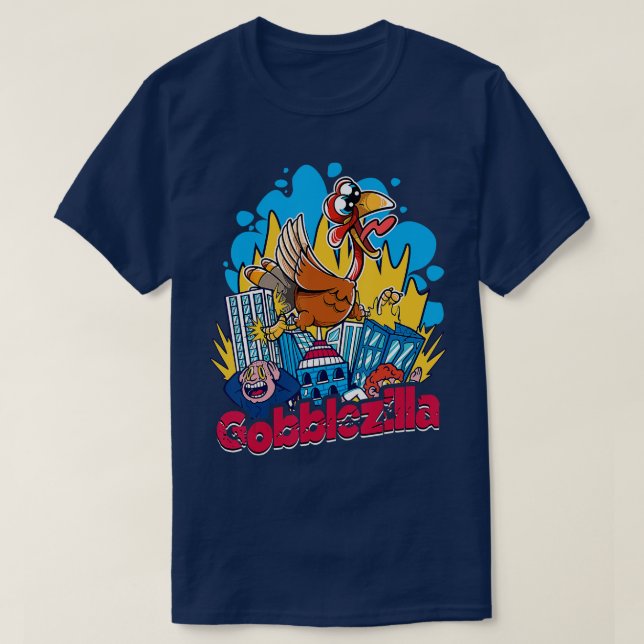 Camiseta Dia de Ação de Graças da Turquia Gobblezilla 2 (Frente do Design)