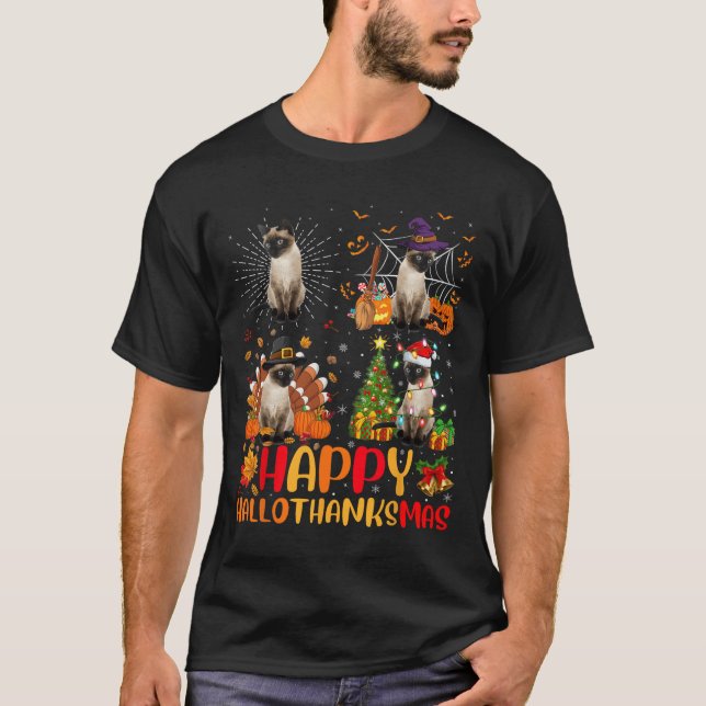 Camiseta Dia de Ação de Graças de Halloween Natal Siamese C (Frente)