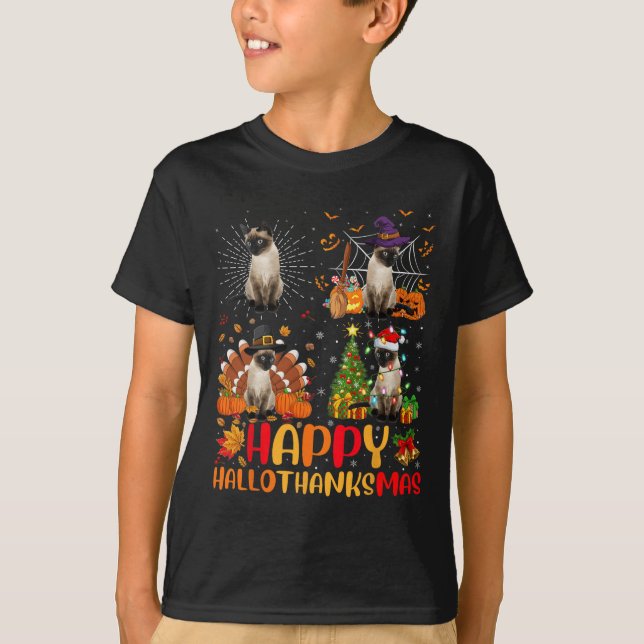 Camiseta Dia de Ação de Graças de Halloween Natal Siamese C (Frente)