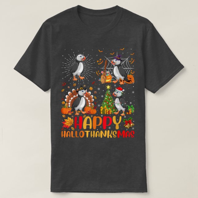 Camiseta Dia de Ação de Graças de Halloween Puffin Bird Hal (Frente do Design)