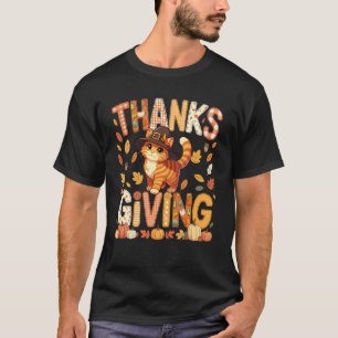 Camiseta Dia de Ação de Graças Gato Fofo Peregrino Folhas d