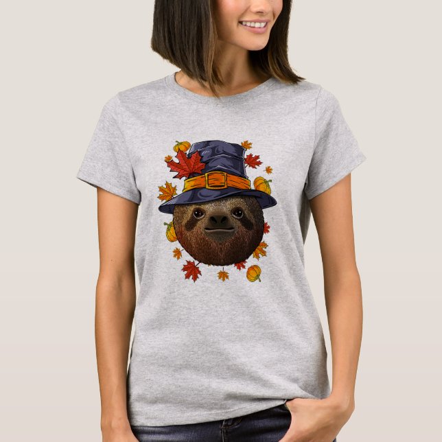 Camiseta Dia de Ação de Graças Sloth Pilgrim Fall Autumn  (Frente)