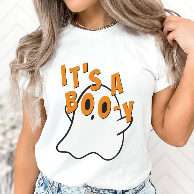 Camiseta Dia de as Bruxas engraçado É um Chá de fraldas-Fan (It's a boy ghost Halloween baby shower gender reveal pregnancy announcement white t-shirt)