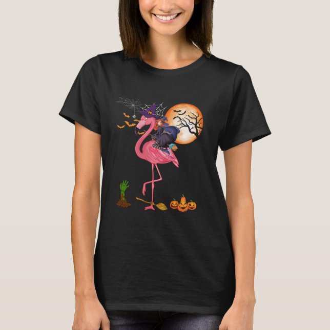 Camiseta Dia de as Bruxas engraçado Flamingo com bruxa (Frente)