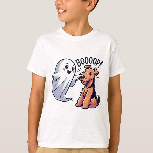Camiseta Dia de as Bruxas engraçado Ghost Airedale Terrier  (Frente)