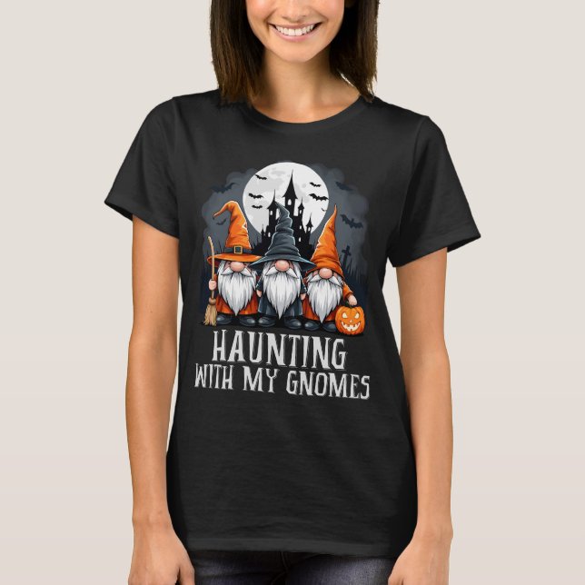 Camiseta Dia de as Bruxas engraçado Gnomo Trio Haunted Vint (Frente)