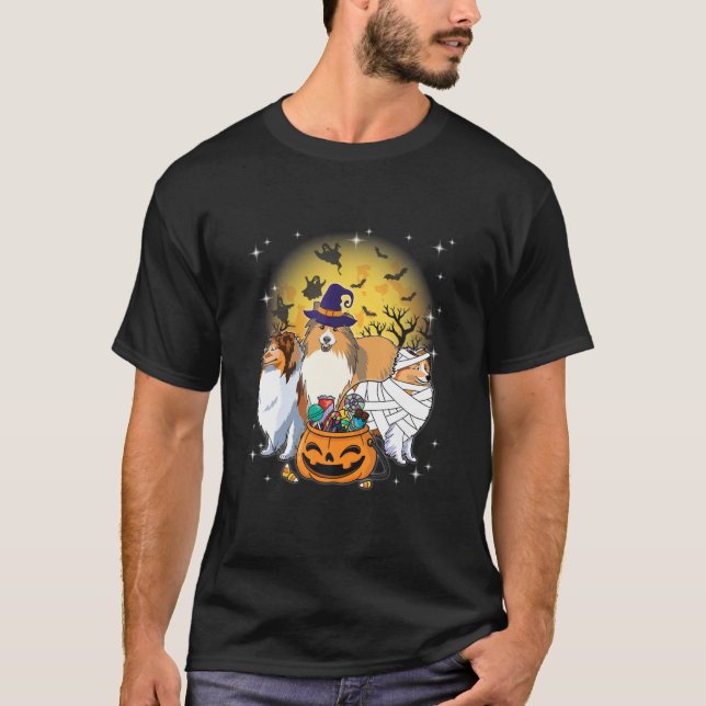 Camiseta Dia de as Bruxas engraçado Sheltie Witch Pumpkin M (Frente)