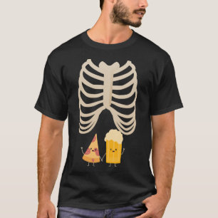 Camiseta Dia de as Bruxas engraçado Skeleton Pizza e Cervej