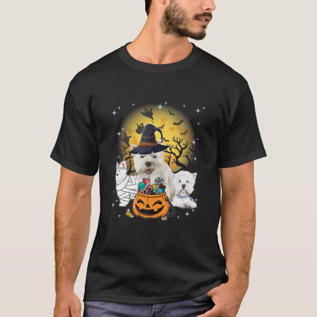 Camiseta Dia de as Bruxas engraçado Westie Witch Pumpkin Mu (Frente)