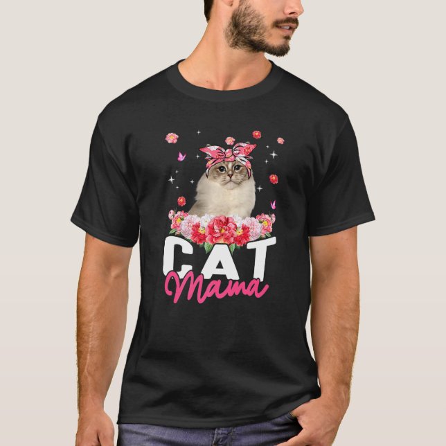 Camiseta Dia de as mães Cat Mama Flower Bandana Kitten (Frente)