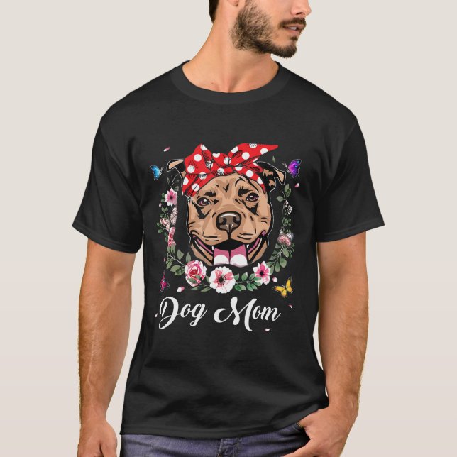 Camiseta Dia de as mães Gráfico de Flores da Mamãe Pitbull  (Frente)