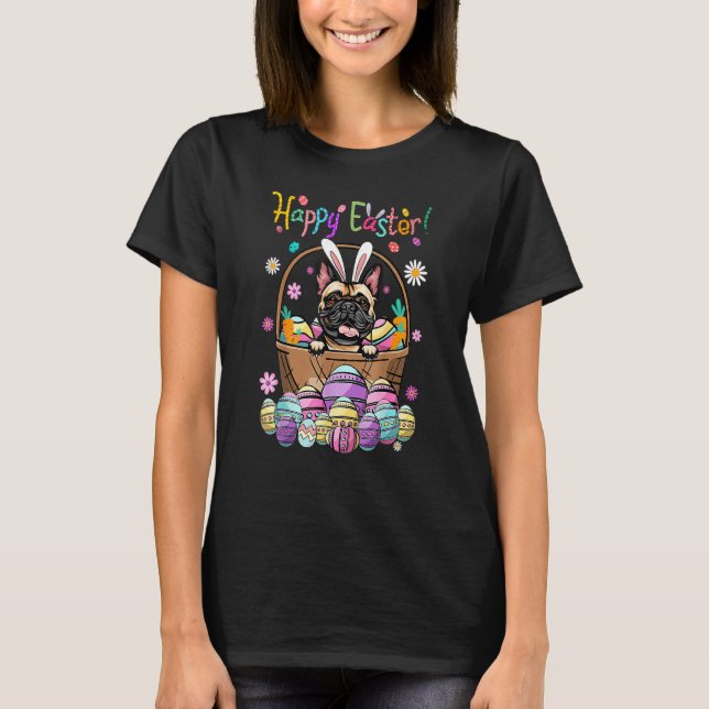 Camiseta Dia de Felz pascoa do Cachorro Coelho Francês com  (Frente)
