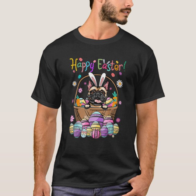 Camiseta Dia de Felz pascoa do Cachorro Coelho Francês com  (Frente)