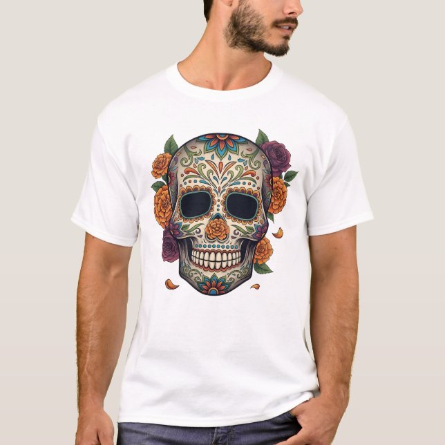 Camiseta Dia de los muertes crânio. Dia Mexicano dos Mortos (Frente)