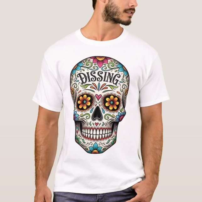 Camiseta Dia de los muertes crânio. Dia Mexicano dos Mortos (Frente)