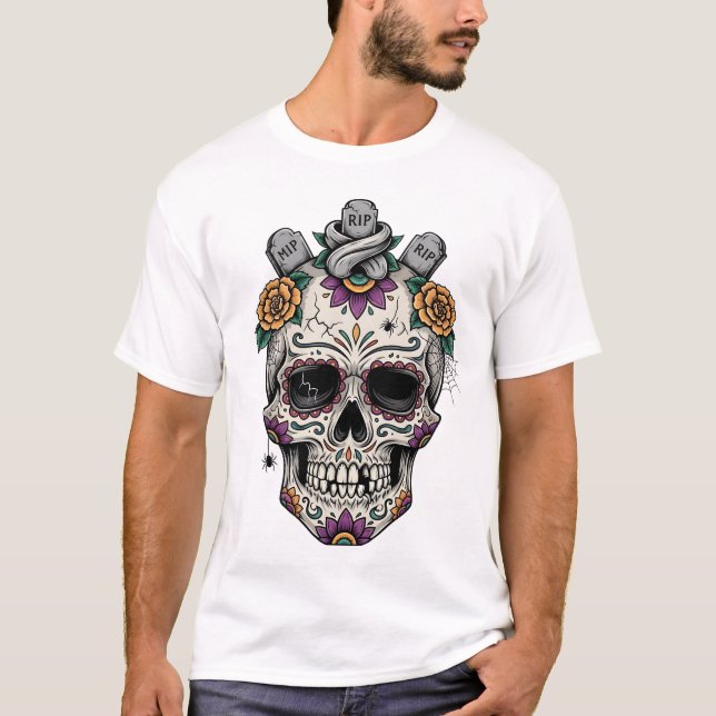 Camiseta Dia de los muertes crânio. Dia Mexicano dos Mortos (Frente)