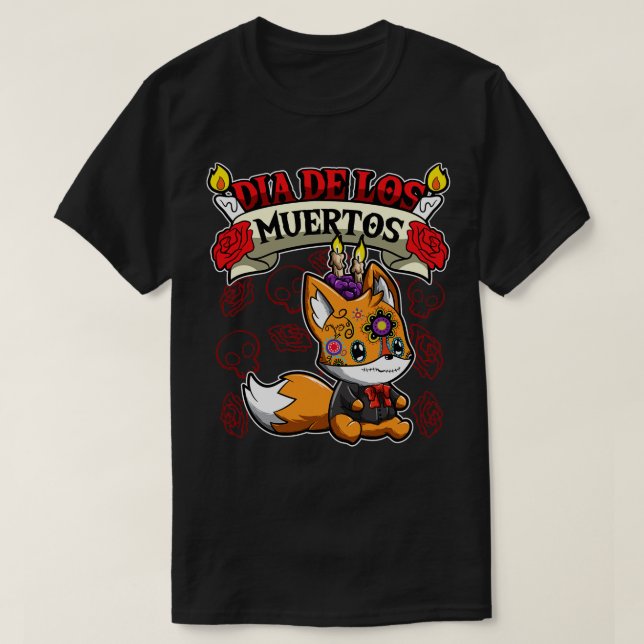 Camiseta Dia De Los Muertos Animal Fox (Frente do Design)