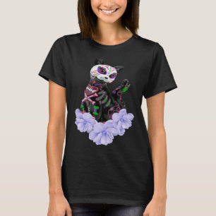 Camiseta Dia De Los Muertos Crânio de Açúcar Gato Flores Ro