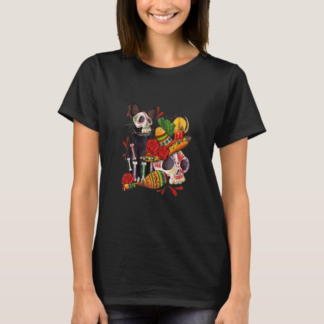 Camiseta Dia De los Muertos Day of The Dead Skull Black Cat (Frente)