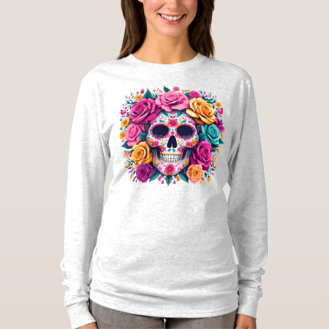 Camiseta Día de los Muertos Floral Sugar Skull Art (Frente)