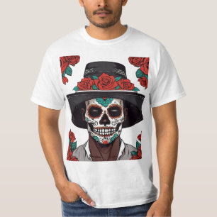 Camiseta Dia de los Muertos: Homem com crânio e Rosas de aç
