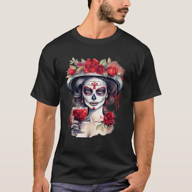 Camiseta Dia De Los Muertos La Catrina Sugar Bebendo (Frente)