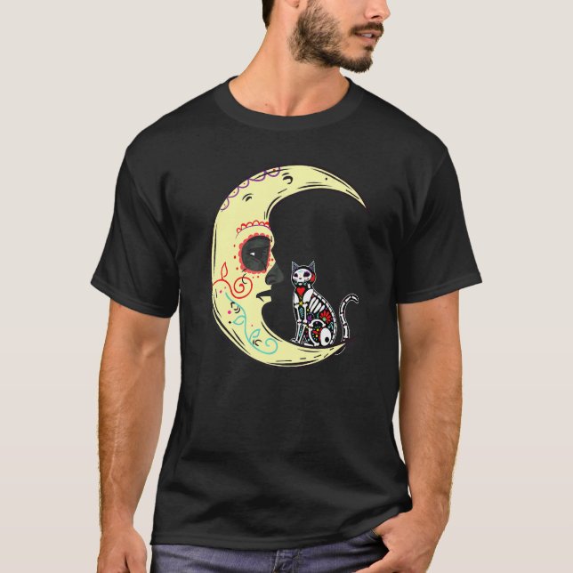 Camiseta Dia De Los Muertos Lua Açúcar Gato Esqueleto Raio  (Frente)