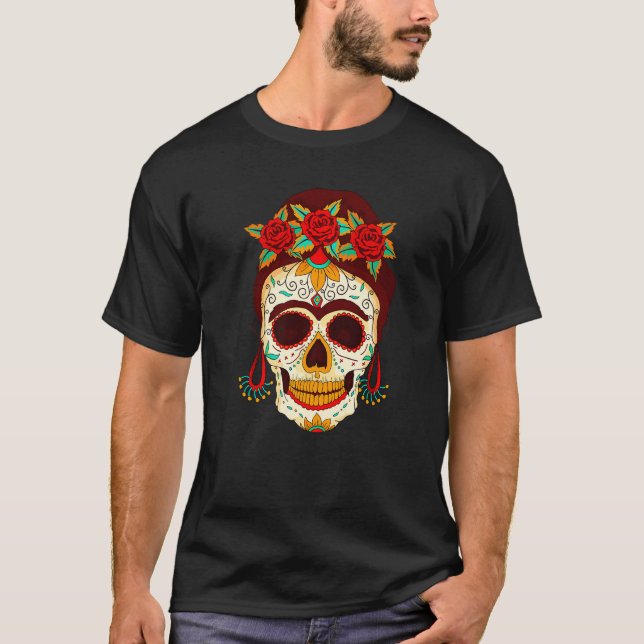 Camiseta Dia De Los Muertos Mask Skull Hat Rosary Premium (Frente)