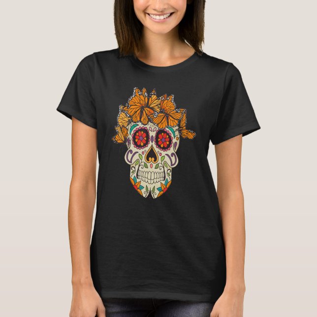 Camiseta Dia De Los Muertos Monarto Borboleta Açúcar Crânio (Frente)