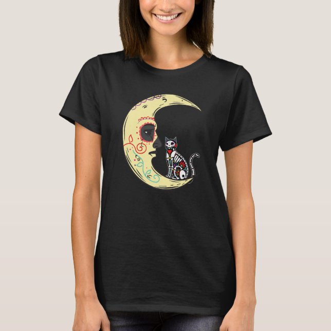 Camiseta Dia De Los Muertos Moon Sugar Skeleton Cat X Ray (Frente)