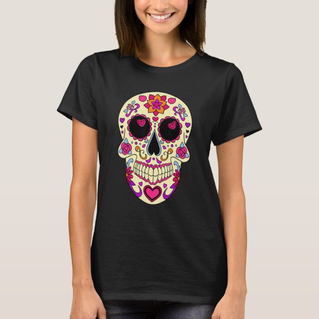 Camiseta Dia De Los Muertos Pink Hearts Mask Skull (Frente)