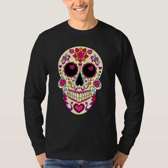 Camiseta Dia De Los Muertos Pink Hearts Mask Skull (Frente)