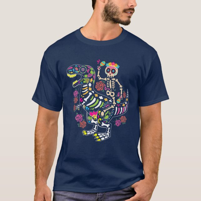 Camiseta Dia De Los Muertos Skeleton Andando Dinossauros M (Frente)