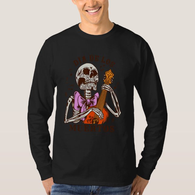 Camiseta Dia De Los Muertos Skeleton Colourful Bow Music Gu (Frente)