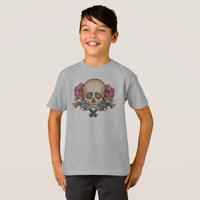 Camiseta Dia de los Muertos Skull e Guns Shirt sem Sensação (Frente Completa)
