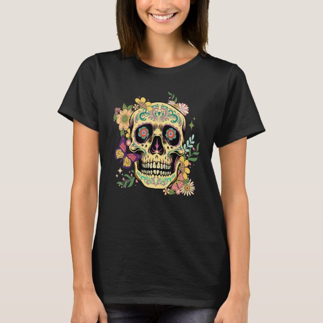 Camiseta Dia De Los Muertos Sugar Skull Flower Day Of The D (Frente)