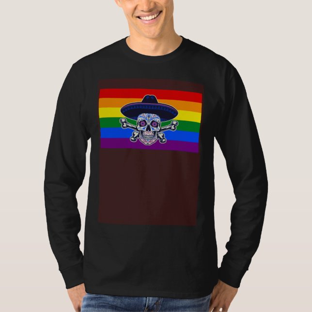 Camiseta Dia De Los Muertos Sugar Skull Gay Pride Flag Mexi (Frente)
