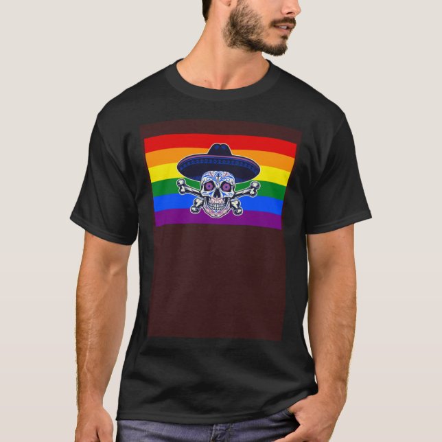 Camiseta Dia De Los Muertos Sugar Skull Gay Pride Flag Mexi (Frente)