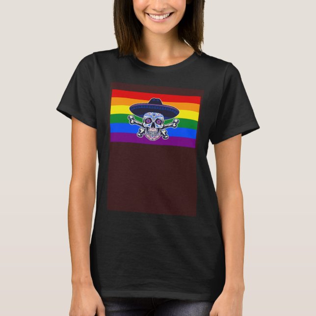 Camiseta Dia De Los Muertos Sugar Skull Gay Pride Flag Mexi (Frente)